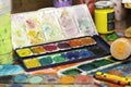 Close up still life pencils art supplies paints for painting and drawing