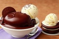 Close Up Still Life of Scoops of Chocolate and Vanilla Ice Cream with Chocolate Shavings, generative ai, on Rustic Wooden Table