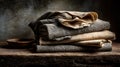 Stacked folded textiles with intricate patterns on a rustic surface Royalty Free Stock Photo