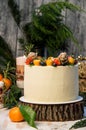 Close up. New Year`s Cake, decorated various berries. Gray wooden background, junipes branches