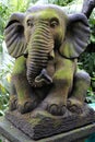 Close-up of a stone elephant statue covered with moss in a garden Royalty Free Stock Photo