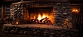 Close up of stone fireplace in cozy log cabin with warm blazing fire Royalty Free Stock Photo