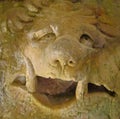 A close up of a stone Grotesque carved face