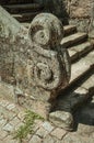 Close-up of stone staircase baluster with carved decoration