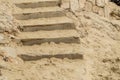 Close-up of stone stairs and sand on the Mediterranean beach, background footprints in the sand Royalty Free Stock Photo