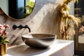 Close-up of Stone vessel sink with mirror in a modern bathroom, art deco style, natural luxury decoration Royalty Free Stock Photo