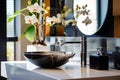 Close-up of Stone vessel sink with mirror in a modern bathroom, art deco style, natural luxury decoration Royalty Free Stock Photo