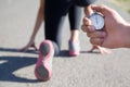 Close-up of a stopwatch in hand men Royalty Free Stock Photo