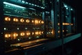 close-up of storage data center server rack with blinking lights and cables Royalty Free Stock Photo