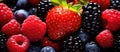 a close up of strawberries , raspberries , blackberries and blueberries Royalty Free Stock Photo