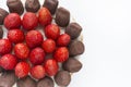 Close up strawberry cake dessert on a white plate. Copyspace. Royalty Free Stock Photo