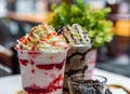 Close-up strawberry and chocolate frappe with whipped cream