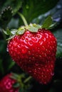 Close-up of a strawberry with deep droplets shows the large delivery service top selection interconnections