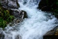 Close-up streams of water between mountain stones. Beautiful mountain river stream with fast flowing water and rocks. Flowing