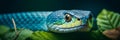 Close-up of striking blue snake on foliage. Space for text.