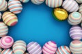 Close-Up of striped and golden easter eggs. Illustration for holiday. 3d render background