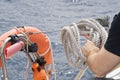 Leer sheets on a yacht. Close up of striped sheet. the sheets are weighed on the yacht rails