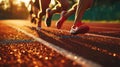 Close-up of strong athletic legs running a marathon. Professional sprinters. Sport concept. Generative AI Royalty Free Stock Photo