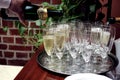 Close-up of a strong waiter`s hand pouring alcohol champagne