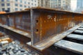 Close-up of structural steel beams in a construction site for a modern skyscraper, showcasing the robust architecture Royalty Free Stock Photo