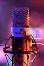 Close up studio condenser microphone and equipment live recording front Royalty Free Stock Photo