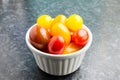 A Close-up Studio Photograph of Snack Tomatoes in a White Bowl