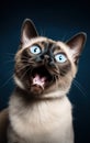 Close up portrait cute siamese cat with magic blue eyes and with her mouth open on isolated black background. Generative AI Royalty Free Stock Photo