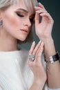 Close-up studio portrait model demonstrate stylish ring and bracelet Royalty Free Stock Photo