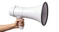 Hand holding a white megaphone isolated on white background Royalty Free Stock Photo