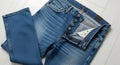 Classic blue denim jeans with open fly and button closure Royalty Free Stock Photo