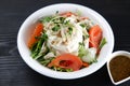 Close up studio shot of chicken tofu salad