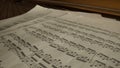 Close up studio shot of classical piano. Shot inside the piano with composition paper sheets with musical notes laying