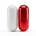 Two Pharmaceutical Capsules One White and One Red Standing Side by Side on a White Background Royalty Free Stock Photo