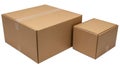 Two brown corrugated cardboard boxes of different sizes for packaging and shipping isolated on white background Royalty Free Stock Photo
