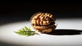 Walnut Kernel with a Small Green Branch Close-Up on Bright White and Dark Background Royalty Free Stock Photo