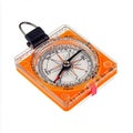 Close up of an orange and clear compass on a white background studio shot Royalty Free Stock Photo