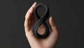 Infinity Loop Presentation, Black Braided Cord Held in Hand on Dark Gray Background Royalty Free Stock Photo