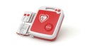 Automated External Defibrillator With Red Casing and Electrode Pads on White Surface Featuring Heart Symbol and Readiness Royalty Free Stock Photo