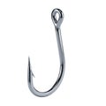 A single shiny metal fishing hook with a sharp point and an eyelet isolated on white background Royalty Free Stock Photo