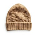 Beige knitted beanie hat with openwork pattern isolated on white background Royalty Free Stock Photo