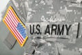 Close up studio shot of U.S. ARMY and USA flag patches on solders uniform Royalty Free Stock Photo