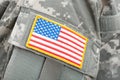 Close up studio shot of U.S. flag patch on solders uniform Royalty Free Stock Photo