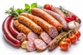 Assortment of Sausages and Fresh Ingredients on a White Background meat food Royalty Free Stock Photo