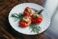 Close up of stuffed red bell peppers with minced meat, rice, onion, parmesan cheese Royalty Free Stock Photo