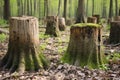 close-up of stumps in a denuded forest land Royalty Free Stock Photo