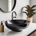 Close up of stylish black ceramic round vessel sink and chrome faucet on white vanity. Minimalist interior design of modern Royalty Free Stock Photo