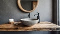 Close up of stylish black ceramic round vessel sink and chrome faucet on white vanity. Minimalist interior design of modern Royalty Free Stock Photo