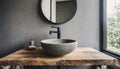 Close up of stylish black ceramic round vessel sink and chrome faucet on white vanity. Minimalist interior design of modern Royalty Free Stock Photo