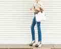 Close up of stylish female leather bag outdoors. Fashionable and high style expensive female bag. Sales bag fashion Royalty Free Stock Photo