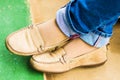 Close up of stylish female shoes. Outdoor fashion shoes footwear concept Royalty Free Stock Photo